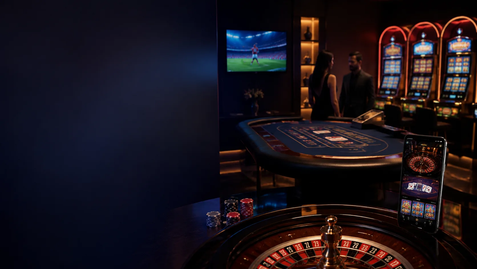Suasana editorial kasino dengan meja, roulette, slot, dan layar olahraga